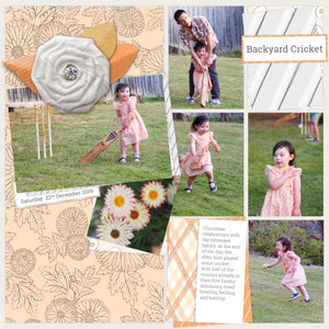 Rosy Cheek Design by Rachel Lotherington Peach and Persimmon Mini Kit featuring my hand drawn chrysanthemum flowers. Sample layout. 