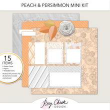 Load image into Gallery viewer, Rosy Cheek Design By Rachel Lotherington Peach and Persimmon Mini Kit featuring my hand drawn chrysanthemum flowers. Contains 12x12 papers, pocket cards and embellishments. 
