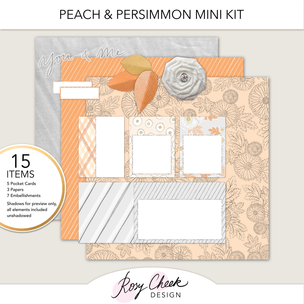 Rosy Cheek Design By Rachel Lotherington Peach and Persimmon Mini Kit featuring my hand drawn chrysanthemum flowers. Contains 12x12 papers, pocket cards and embellishments. 