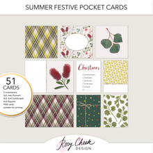 Load image into Gallery viewer, Rosy Cheek Design by Rachel Lotherington: Summer Festive Pocket Cards. 51 cards for scrapbooking Christmas celebrations. Features my original watercolour style illustrations of Australian flora, including Bottle Brush, Tasmanian Christmas Bells, Grevillea, Wattle and Eucalyptus. 
