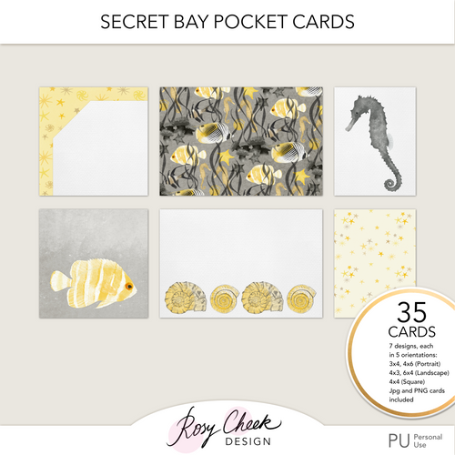 Secret Bay Pocket Cards by Rosy Cheek Design by Rachel Lotherington. Featuring my original watercolour style illustrations of tropical ocean life. Suitable for digital, app and hybrid memory keeping. 